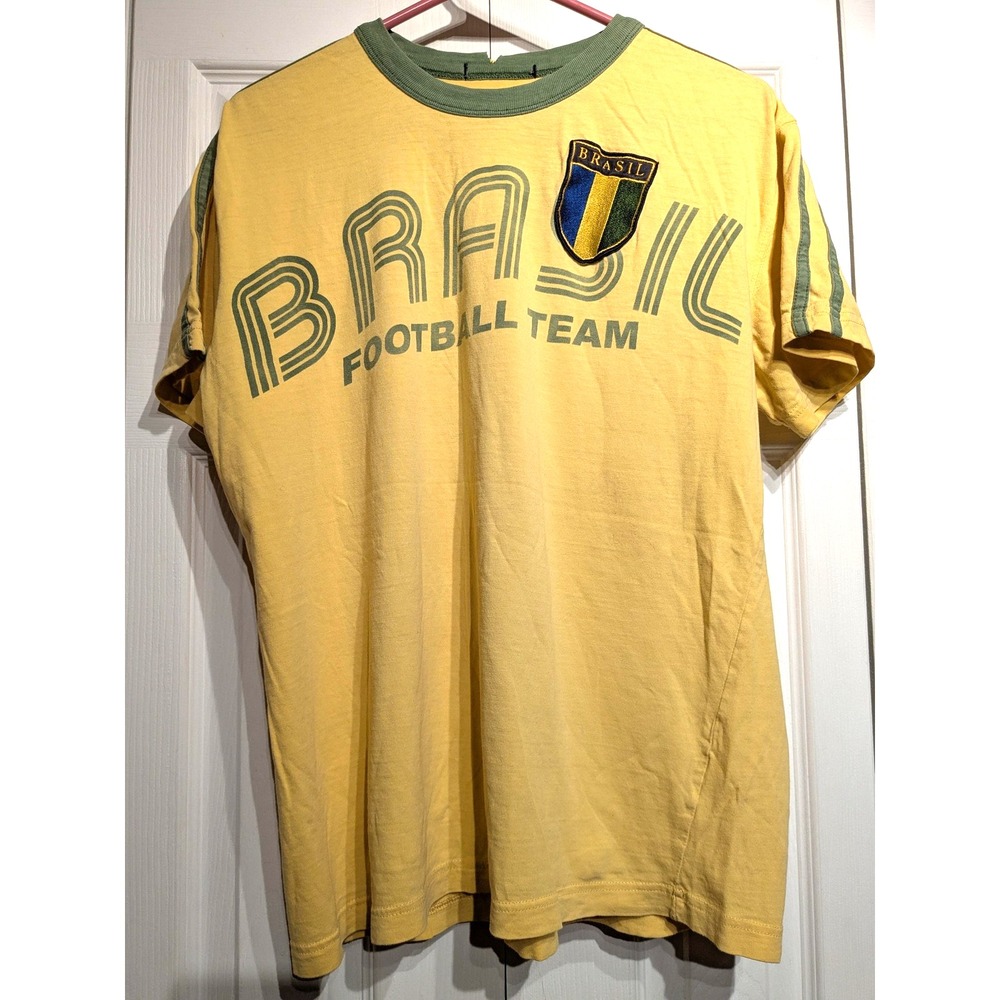 Brazil National Team Shirt Mens M/L Soccer Ringer Crest Patch # 9 Ronaldo